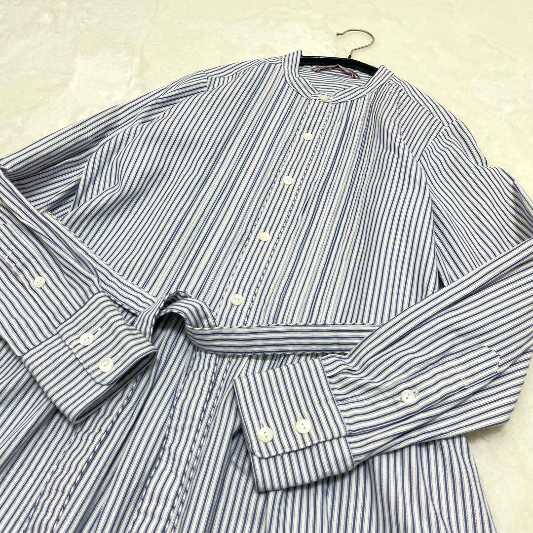 【美品】45r umi908 ノーカラー シャツワンピース ベルト ストライプ
