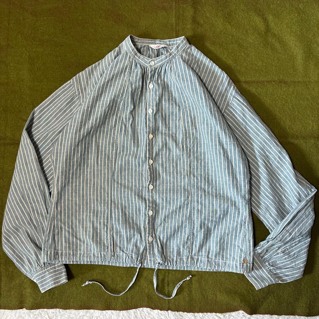 45R インディゴ　ストライプ裾ドロスト　バンドカラーシャツ　ロゴ刺繍　サイズ3