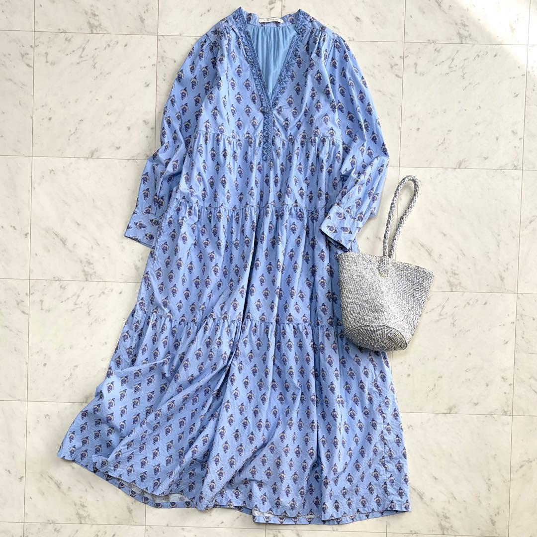 美品 ヌキテパ 25SS ポプリンペイズリープリントティアードドレス S