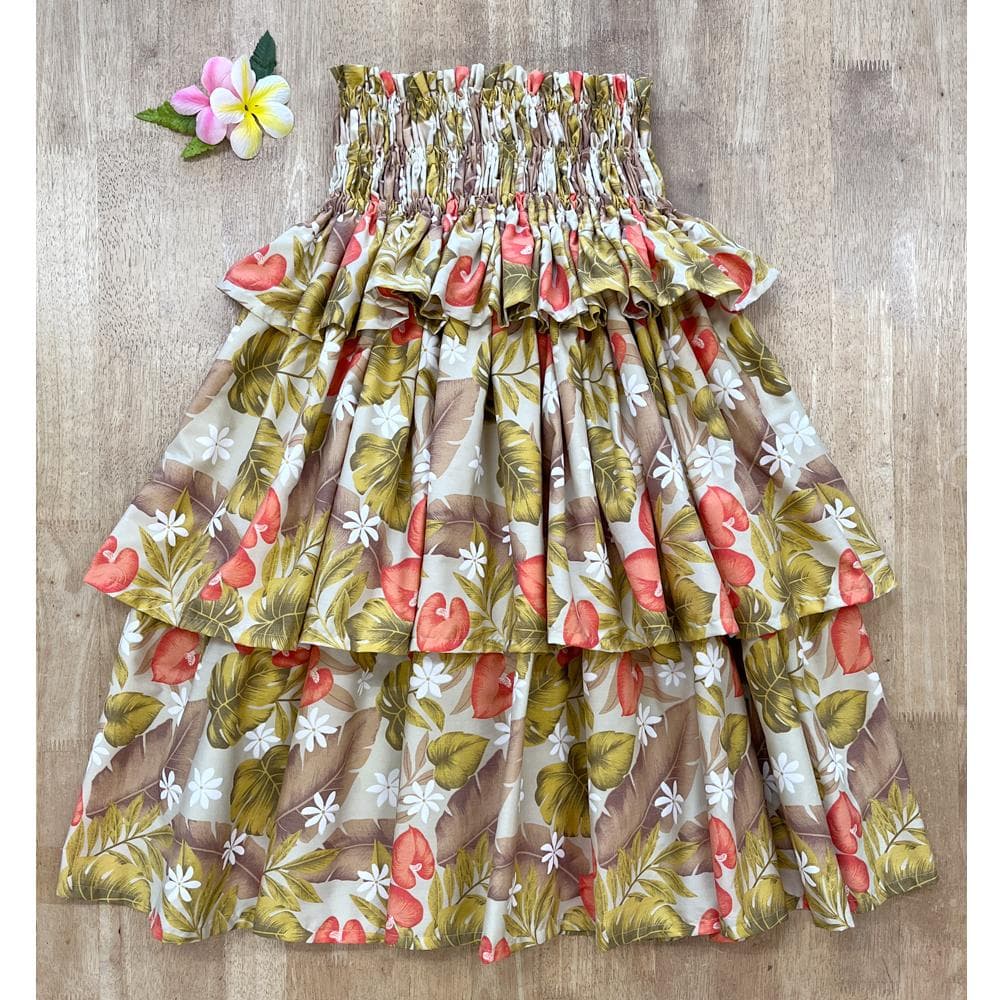 #2238　新品　フラ　フラダンス　75cm　三段フリル　パウスカート　ベージュ
