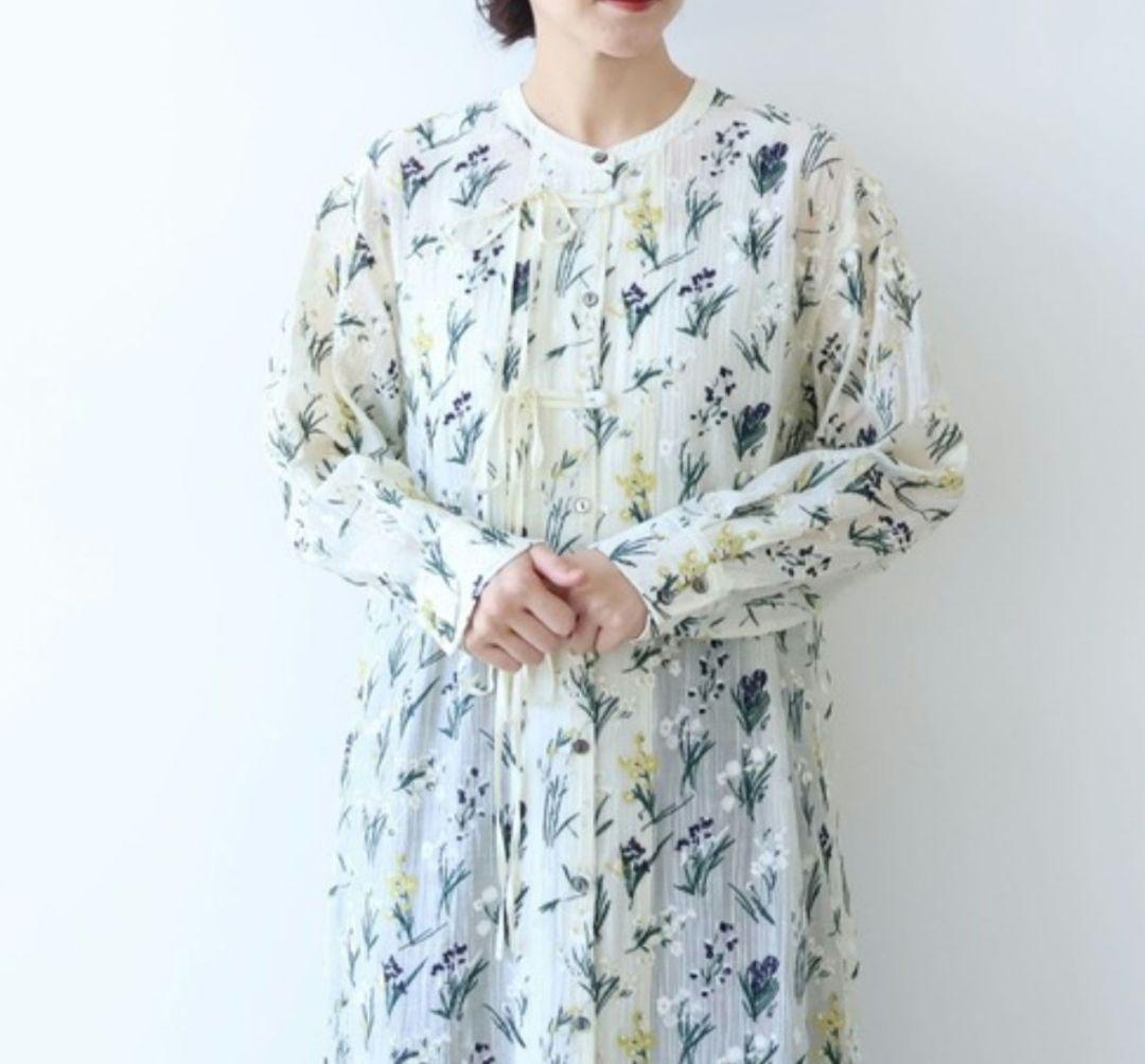 yuni Floral embroidely ribon シャツワンピース