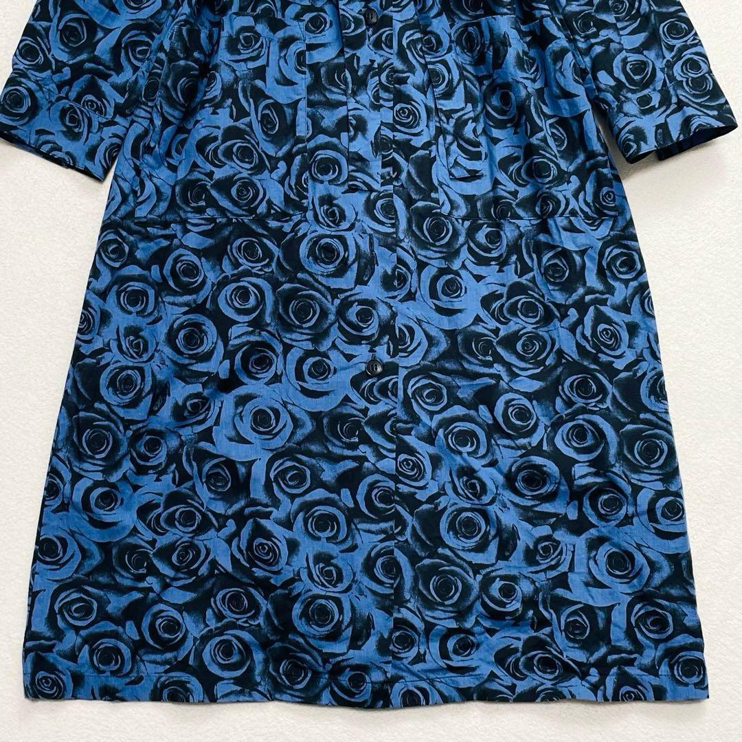 アニエスベー ローズプリントロングシャツワンピース ベルテッド 38 開襟