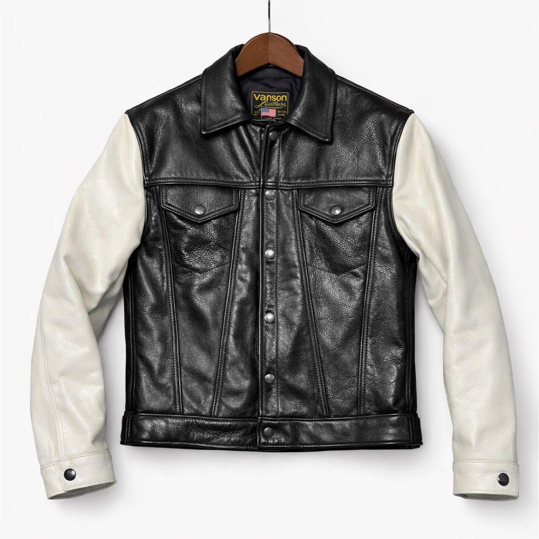 【美品】VANSON DJCB 38 USA製 レザーGジャン 黒×アイボリー