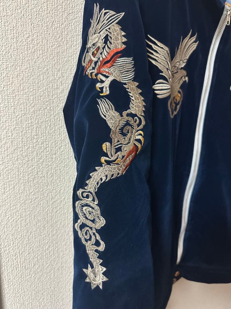 スーベニア　スカジャン　別珍　ベルベット　ネイビー　古着　刺繍　テーラー東洋