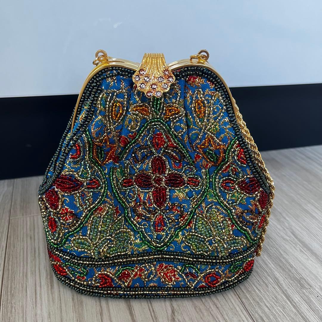 ビーズ刺繍 パーティーバッグ ハンドバッグ ブルー