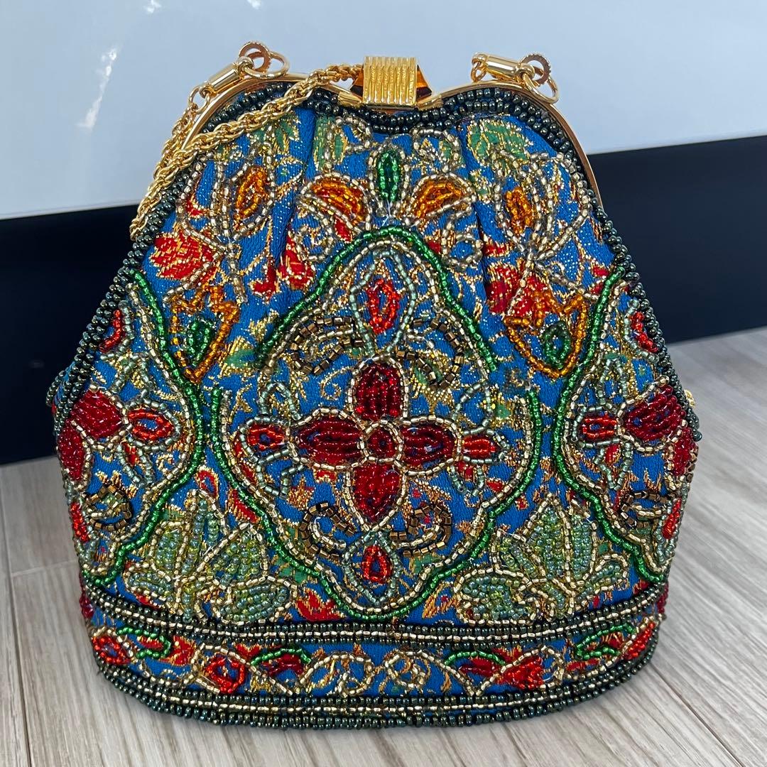 ビーズ刺繍 パーティーバッグ ハンドバッグ ブルー
