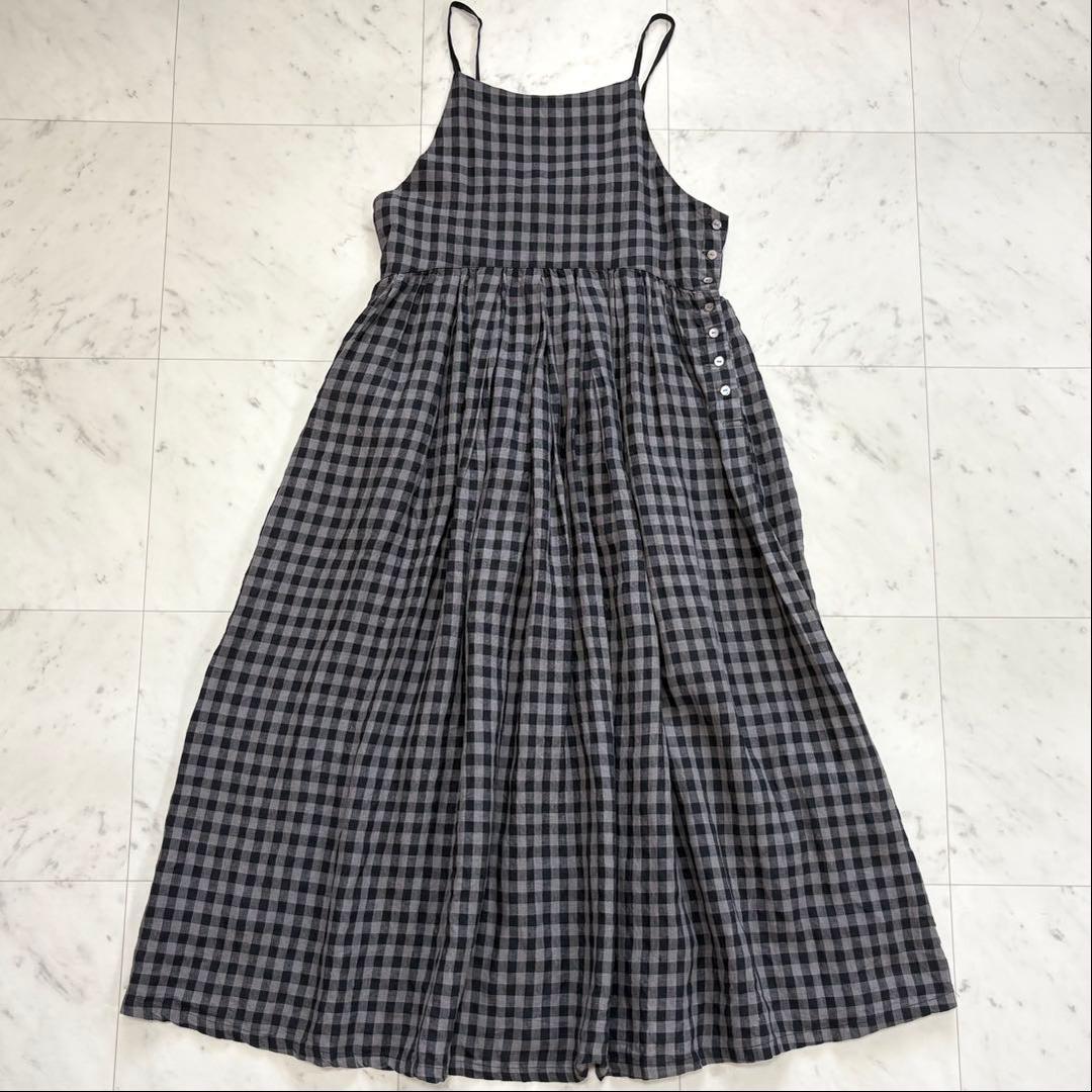 極美品✨ビアズリー　リネン ギンガム キャミワンピース　マキシ丈　麻100%