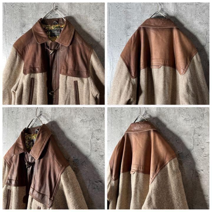 高級品★豚革 レザーコート 裏地ド派手総柄 異素材切替 バイカラー L〜XL
