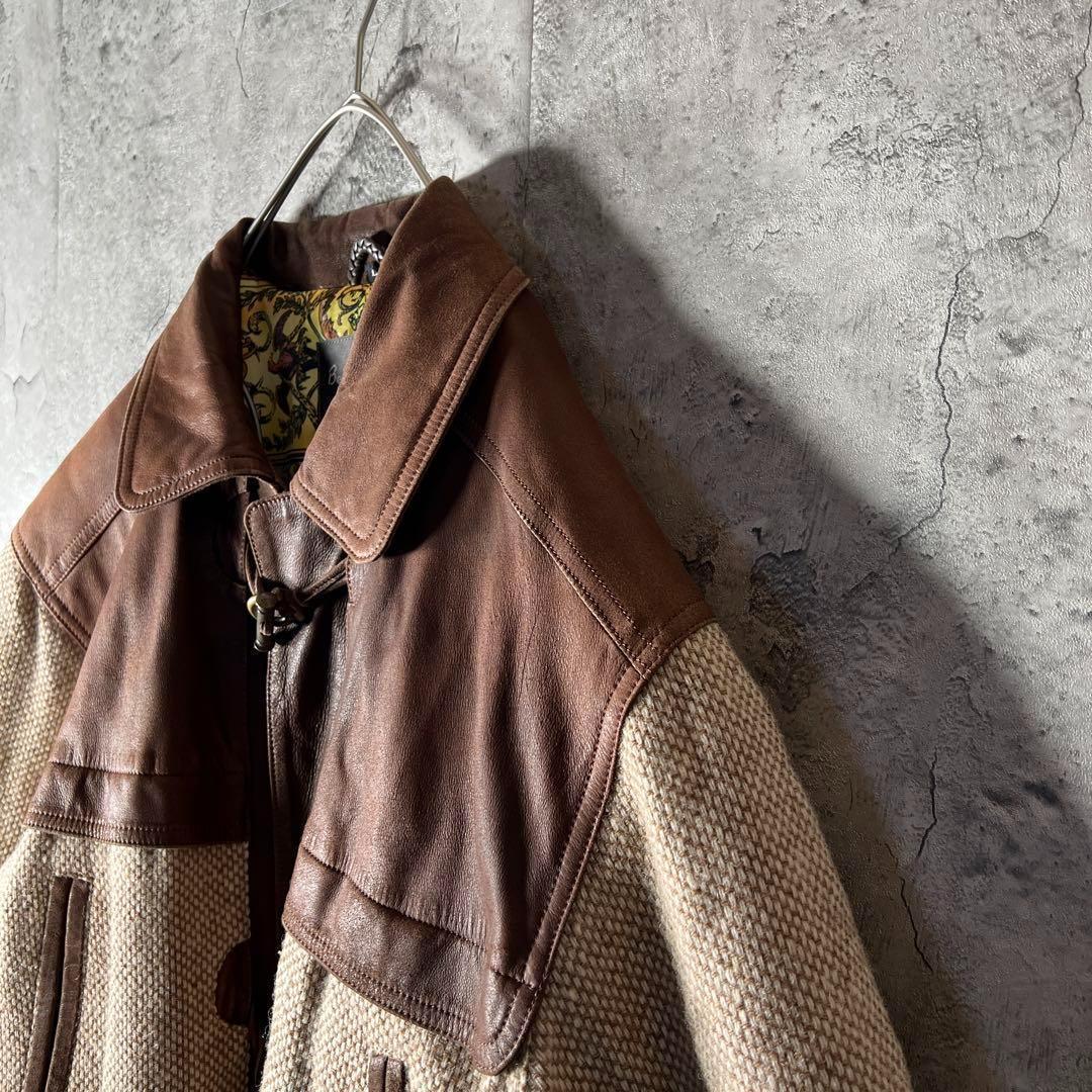 高級品★豚革 レザーコート 裏地ド派手総柄 異素材切替 バイカラー L〜XL