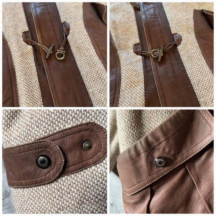 高級品★豚革 レザーコート 裏地ド派手総柄 異素材切替 バイカラー L〜XL