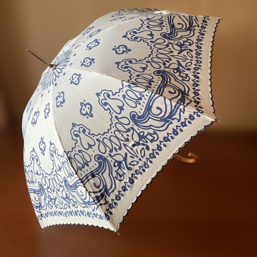 美品 バンダナ柄日傘 ペイズリー 晴雨兼用傘 ブルー