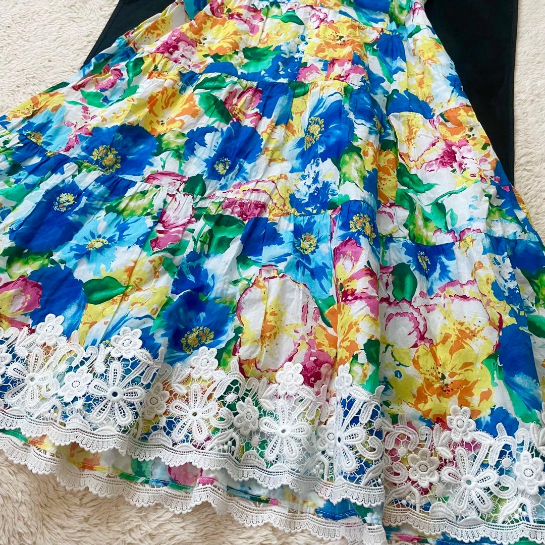 ゆうかりん様パービューティー　レース　フラワープリント　花柄ティアードワンピース