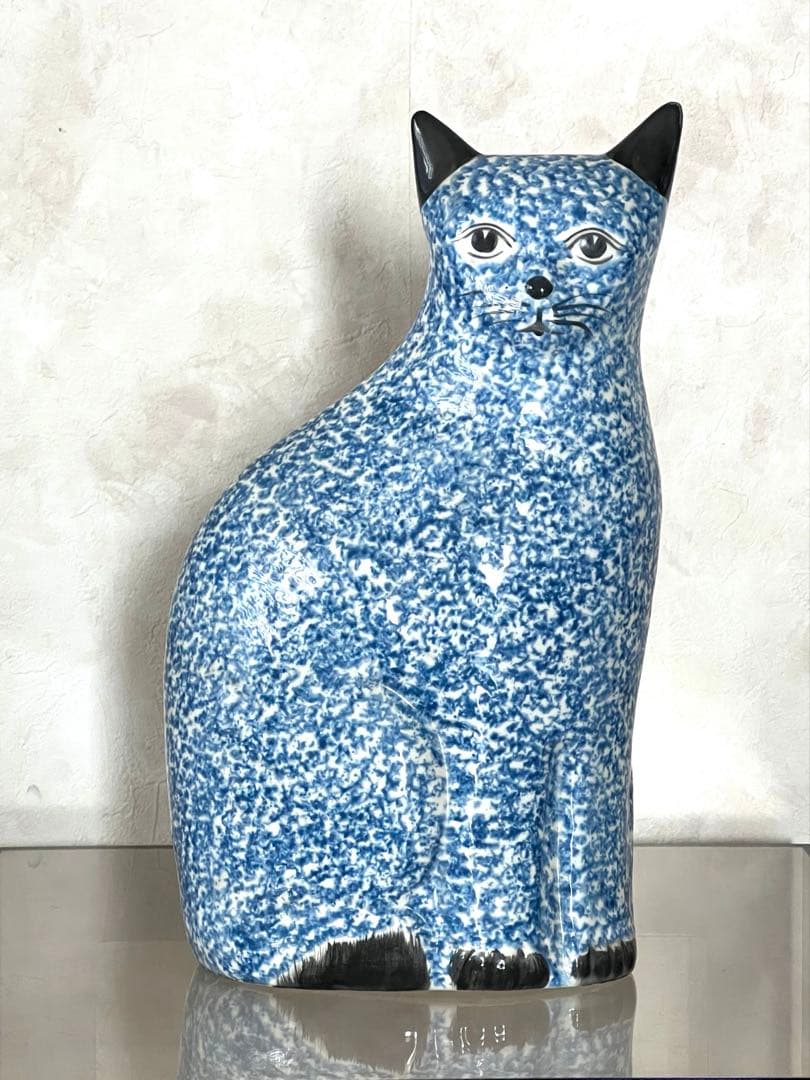 ヴィンテージ 猫　手描き陶磁器　置き物　藍色　 高さ32cm