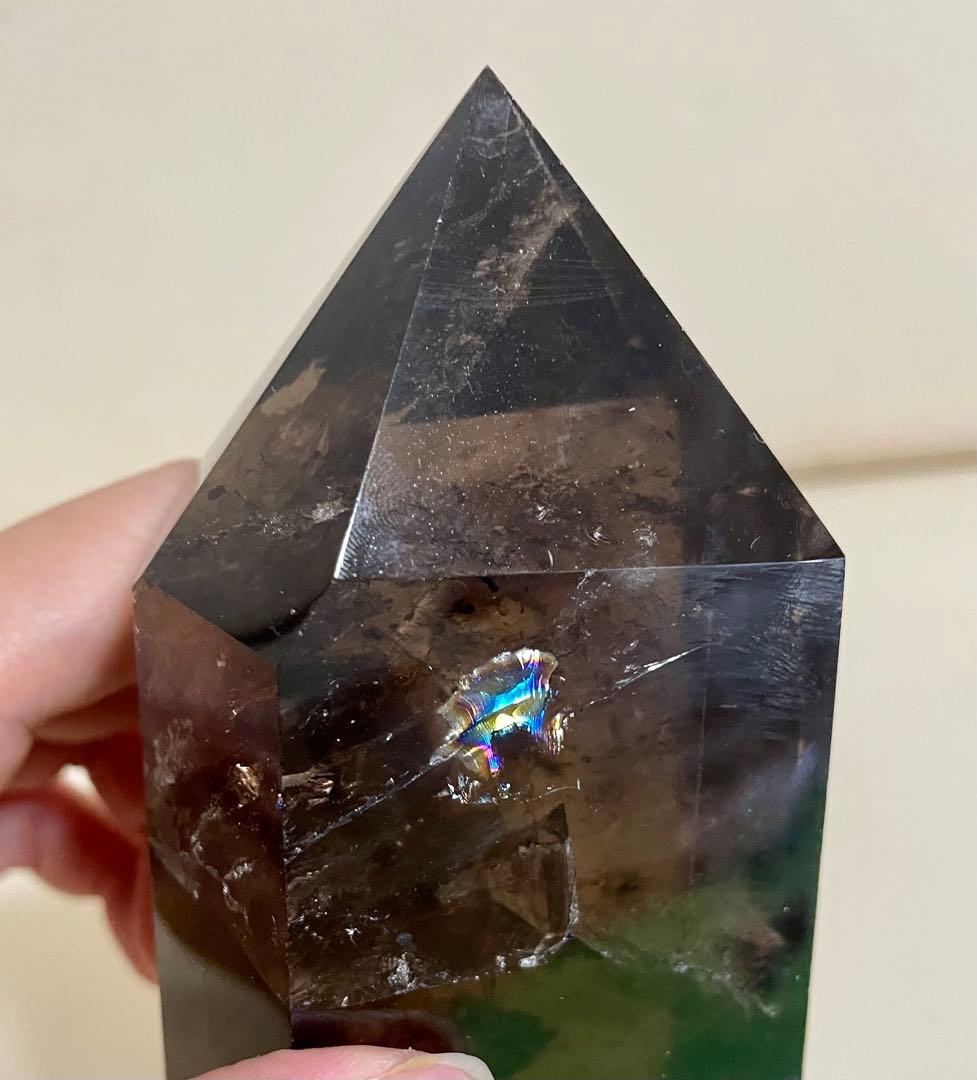 スモーキークォーツ タワー ポイント クリスタル 虹入茶水晶 幸運 レインボー