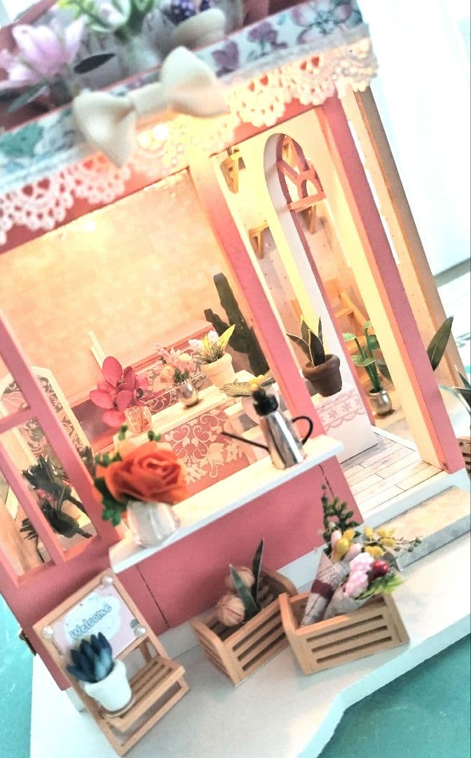 *完成品*ドールハウス お花屋さん 前面開閉 屋上テラス フラワー 防塵
