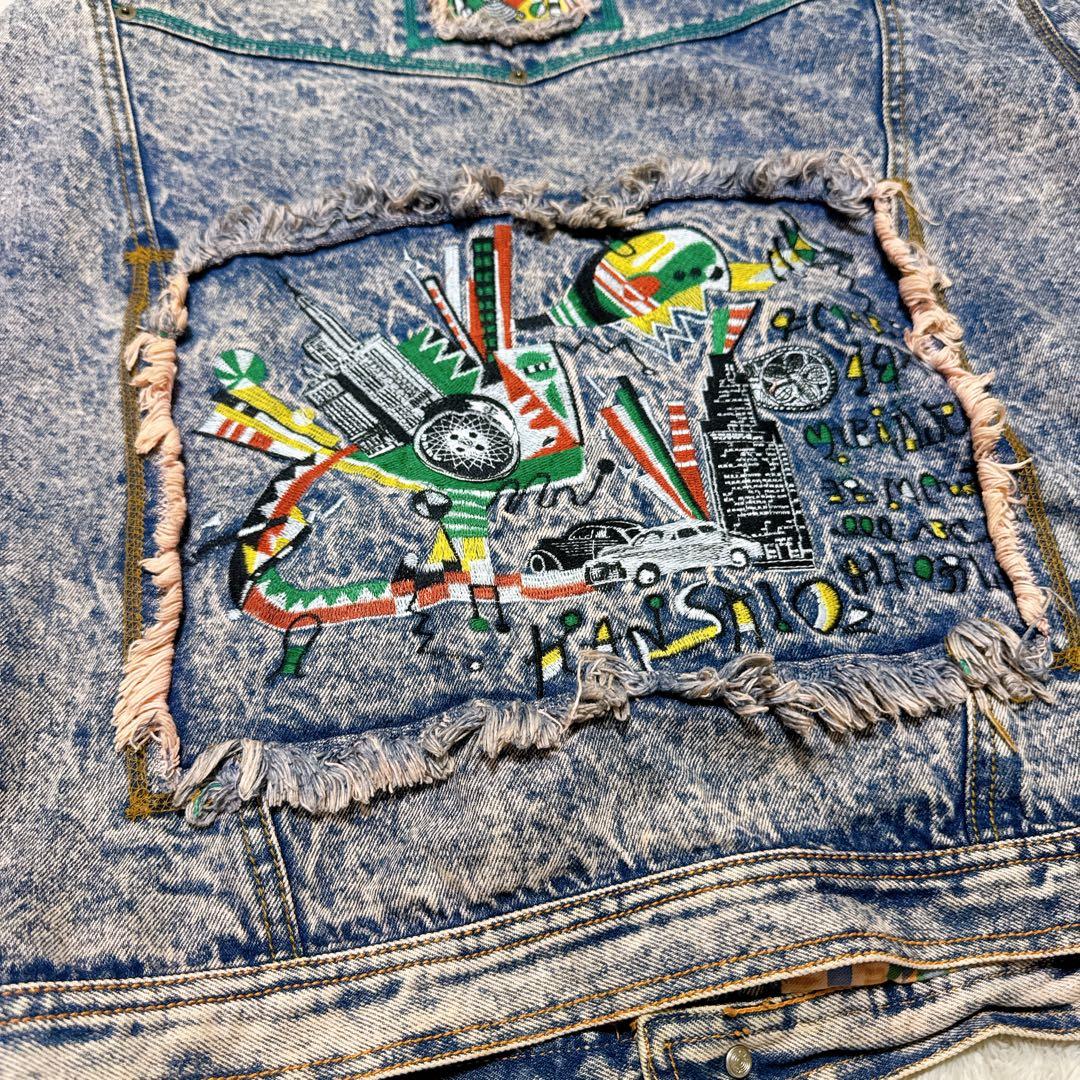 希少 KANSAI O2 山本寛斎 デニムジャケット アート刺繍 短丈 Lサイズ