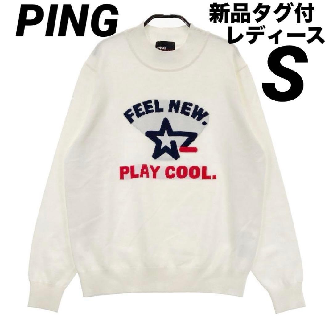 S 【PING】クルーネックニットプルオーバーカレッジニット　レディース　白