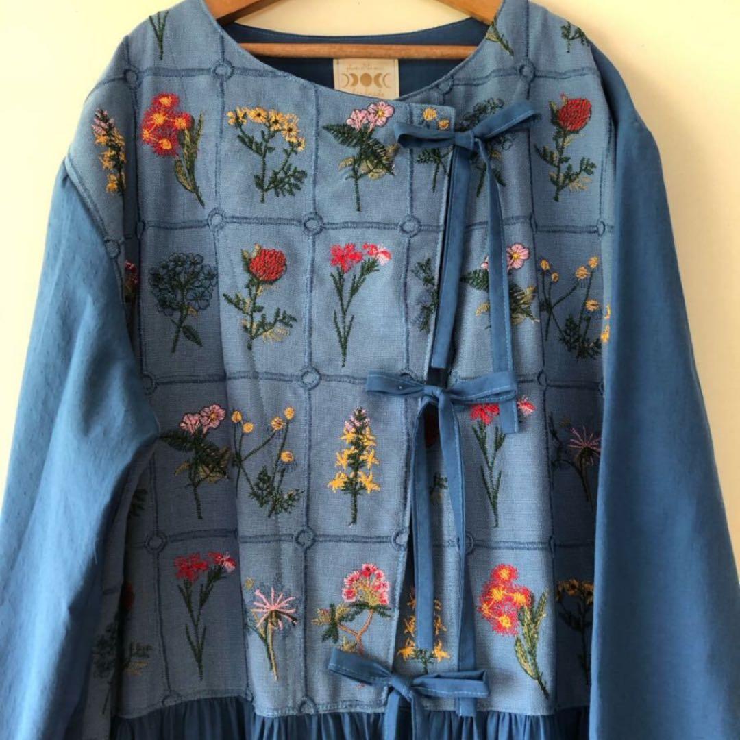 未使用 作家さん購入 一点物 花刺繍3リボンロングワンピース L〜XL