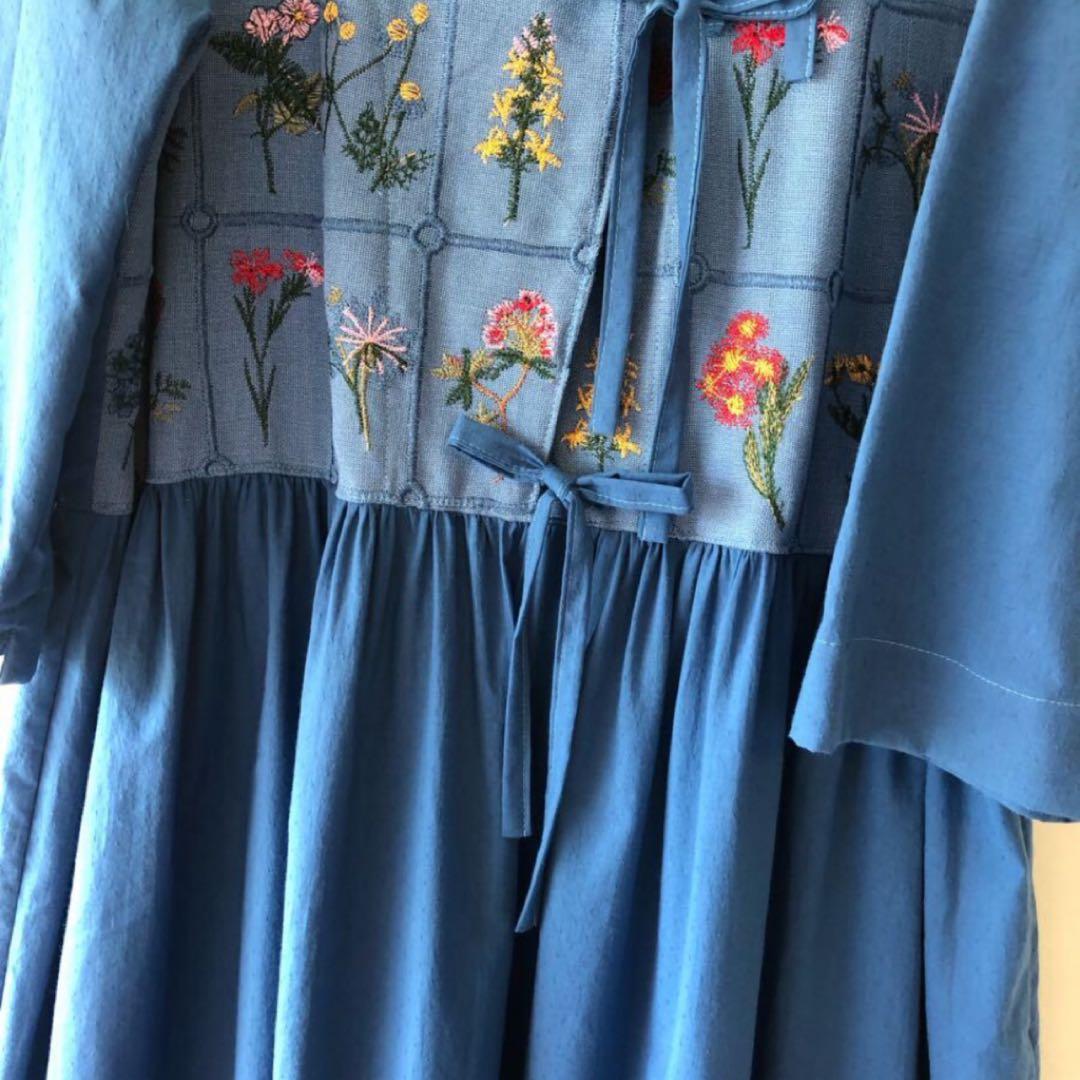 未使用 作家さん購入 一点物 花刺繍3リボンロングワンピース L〜XL