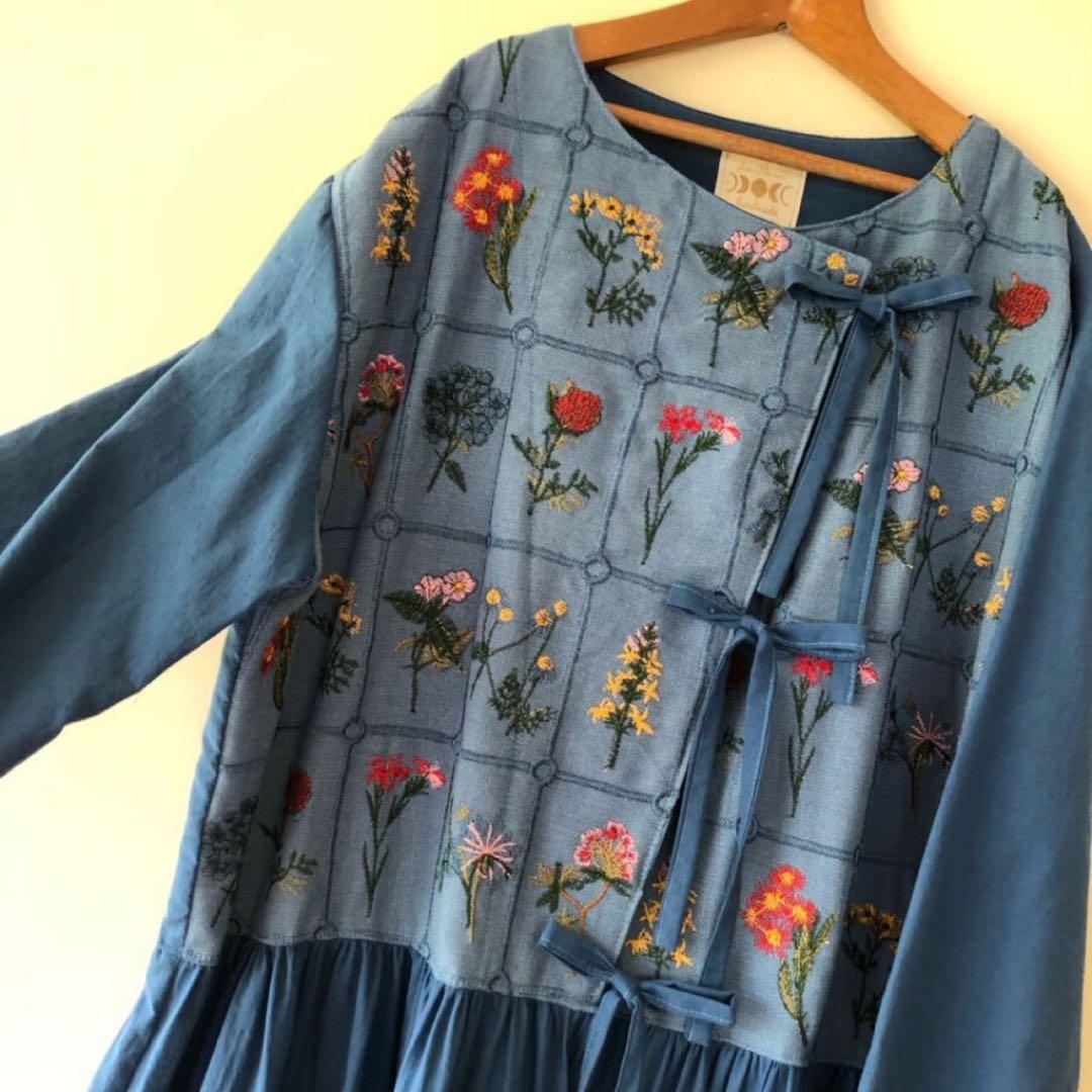 未使用 作家さん購入 一点物 花刺繍3リボンロングワンピース L〜XL