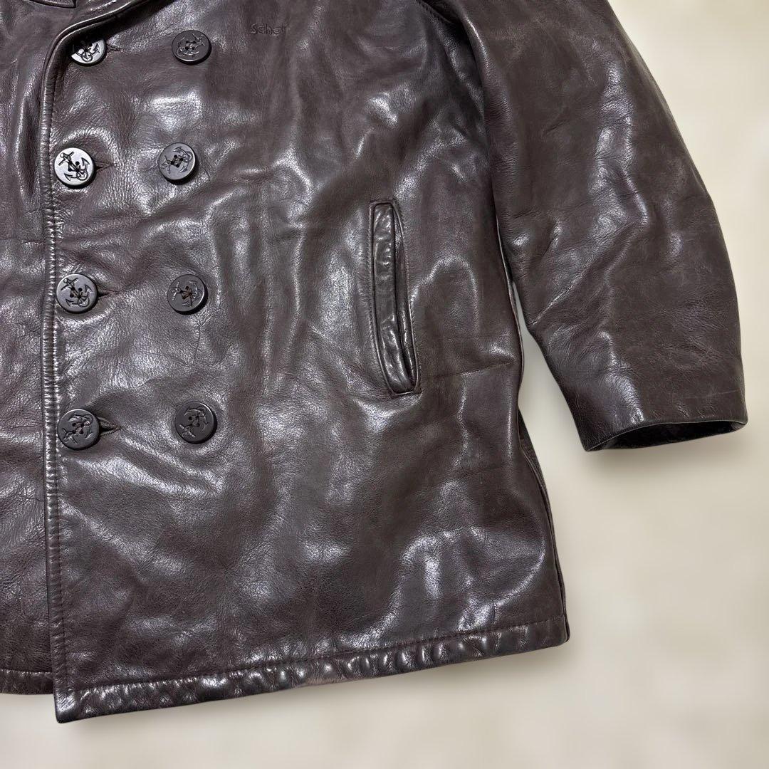 良サイズ！ショット★ブラウン　42 XL◎レザーピーコート★