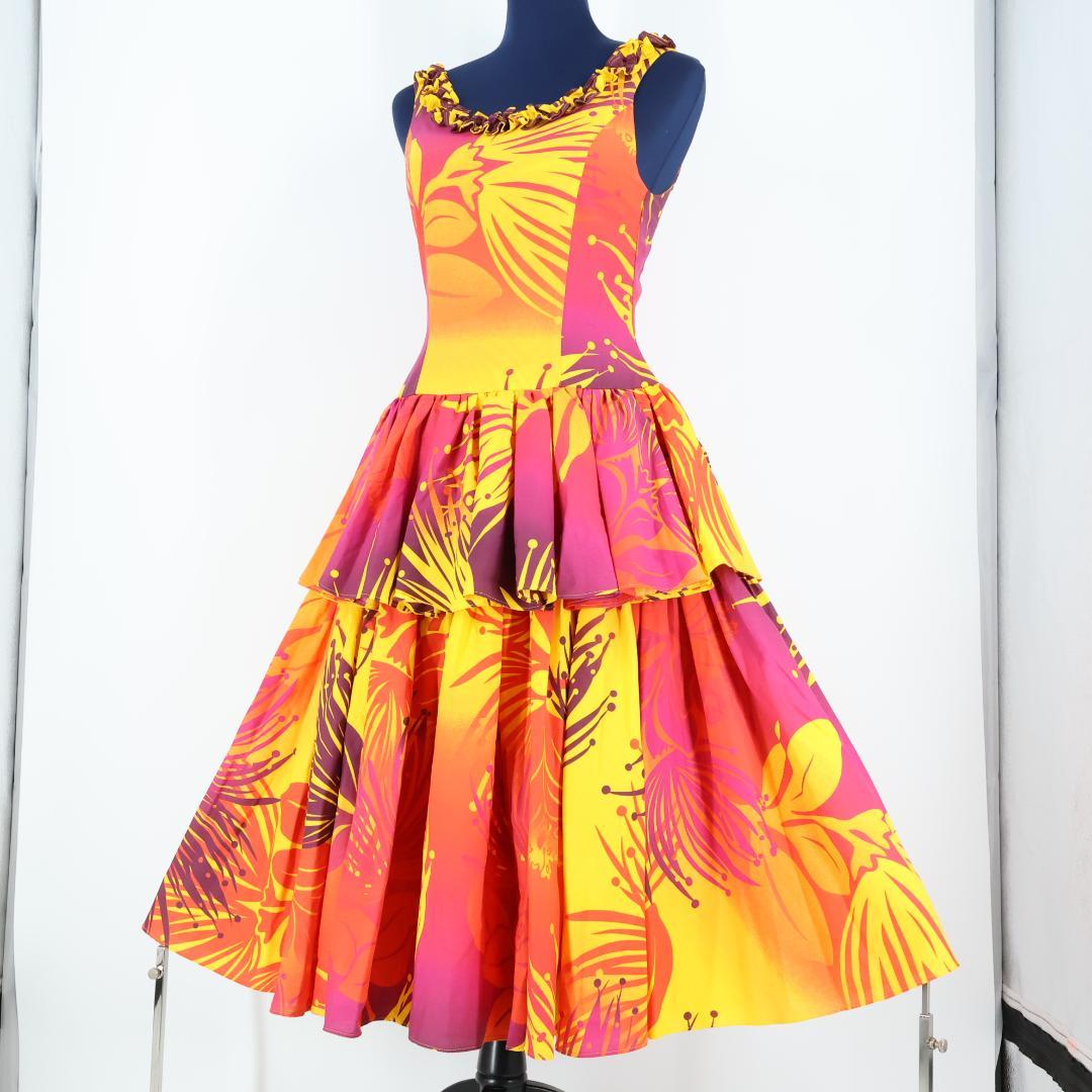 【美品 フラダンス衣装】オレンジ PauskirtShop ワンピース レフア柄