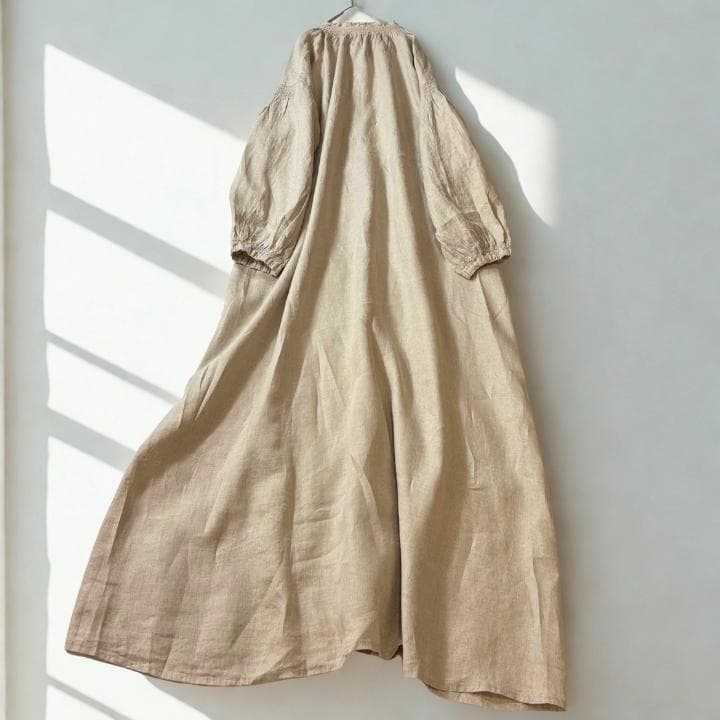 TSUHARU 麻100％ロングワンピース きなり比翼 前開き マキシ丈 ペチ付