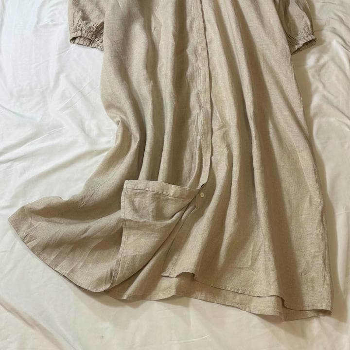 TSUHARU 麻100％ロングワンピース きなり比翼 前開き マキシ丈 ペチ付