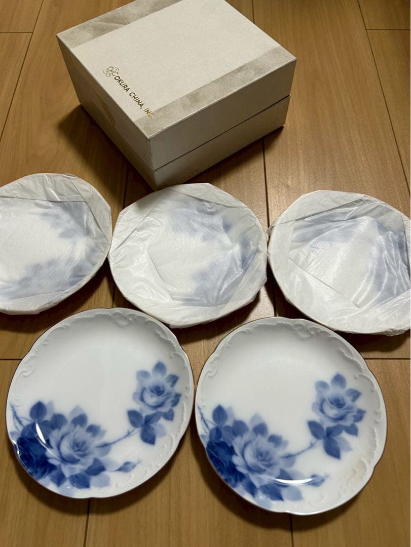 Okura China 青いバラの皿 5枚セット 新品・未使用