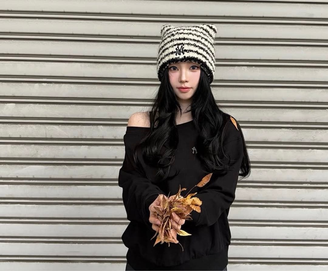 MLBビーニー ボーダー　karina着用 猫耳ニット帽　ミャオン