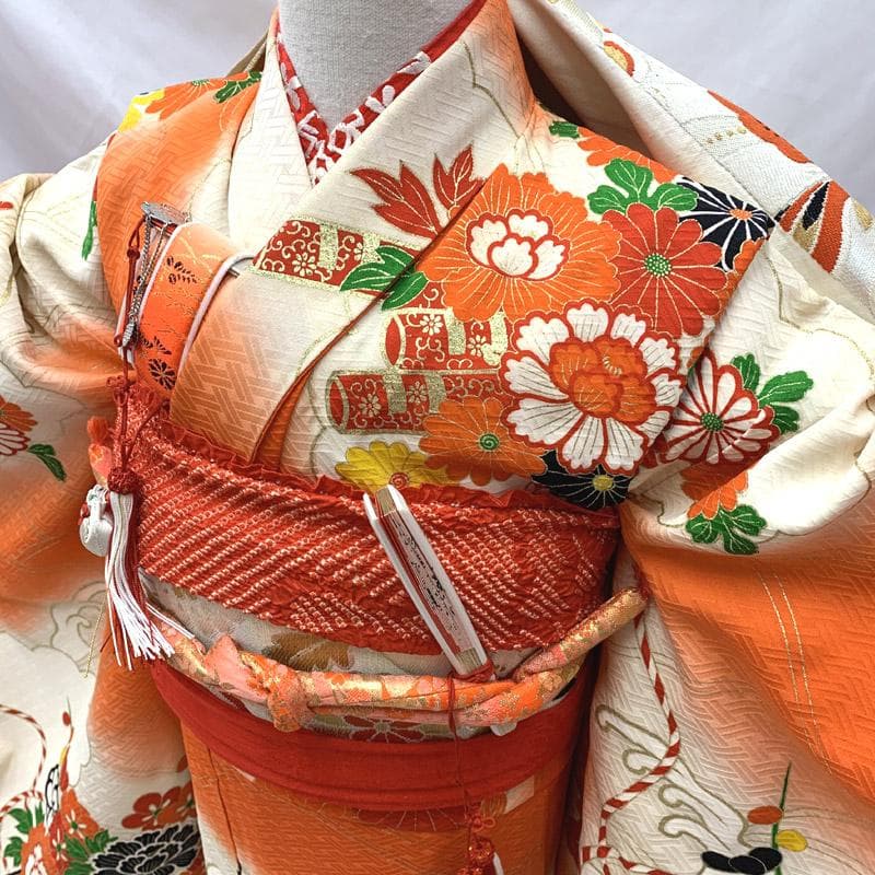 603ag11■七五三 七歳 女児 着物&六通袋帯&長襦袢 刺繍 菊■良好