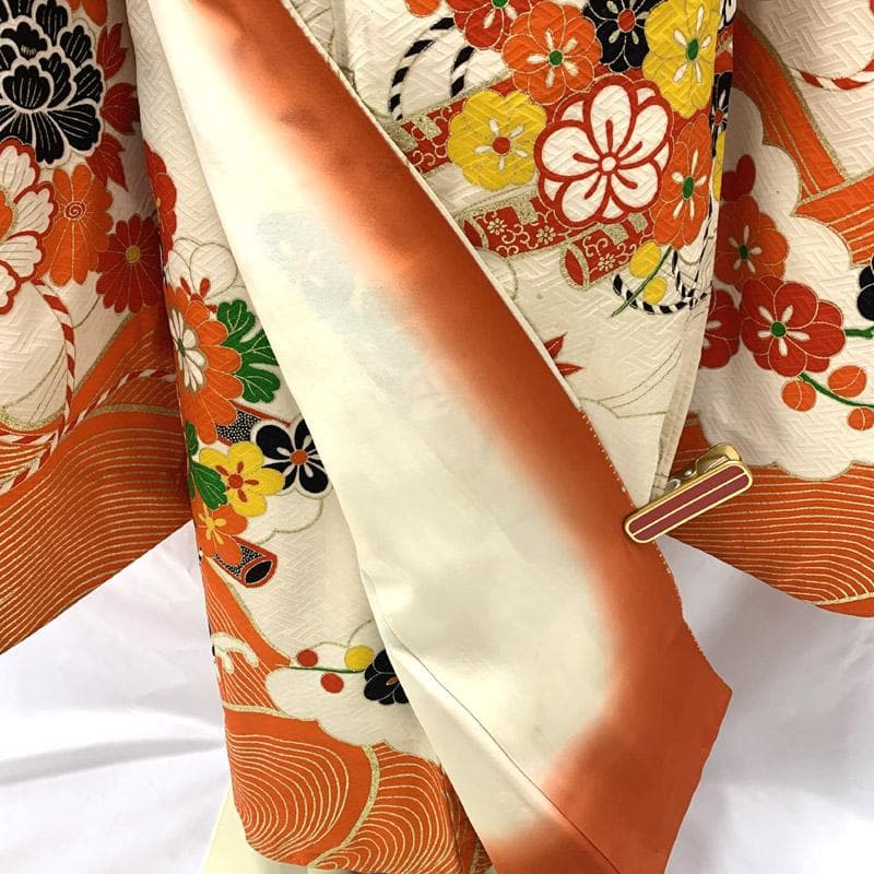 603ag11■七五三 七歳 女児 着物&六通袋帯&長襦袢 刺繍 菊■良好