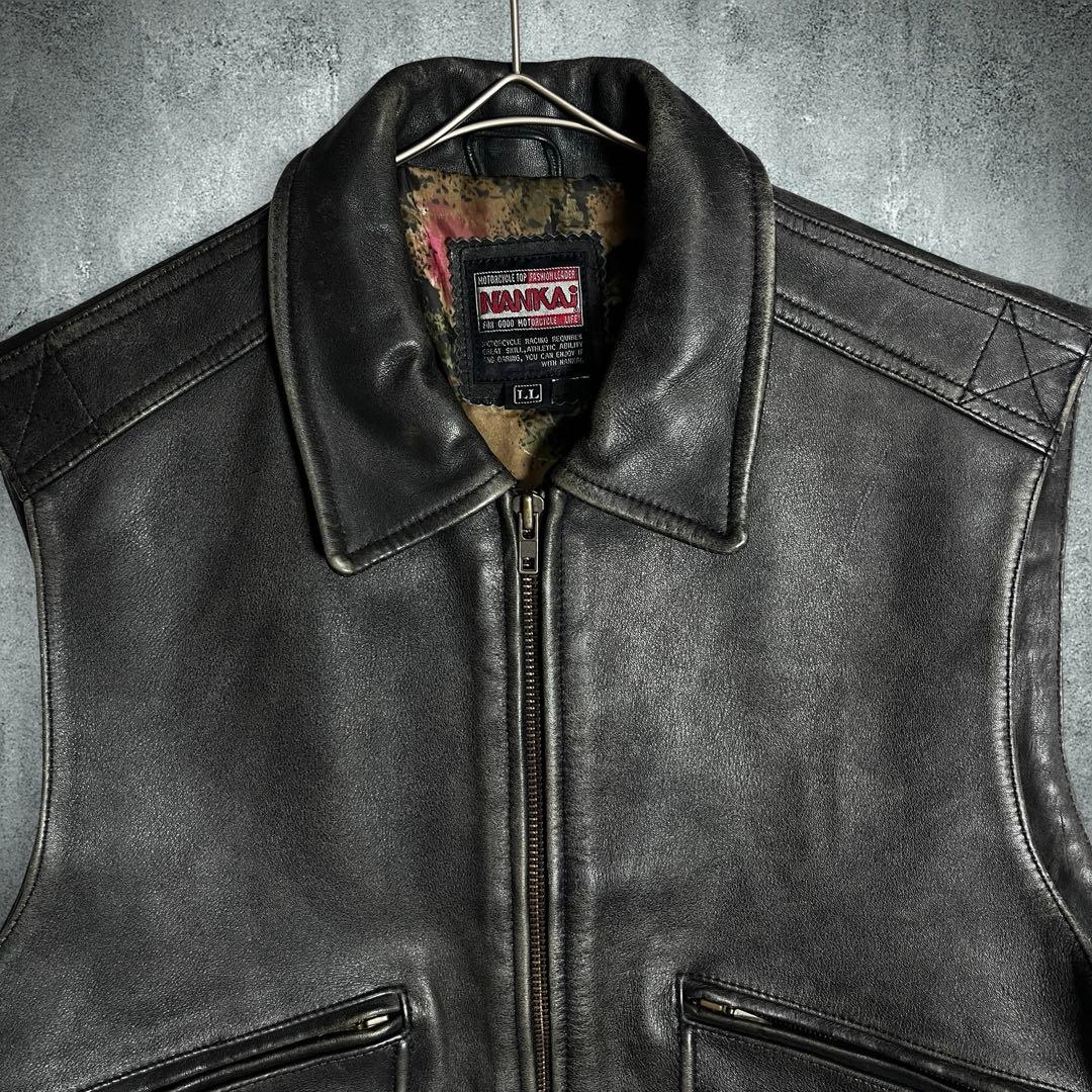 極美品✨NANKAI 本革レザー ベスト XL バイカー 裏地総柄 黒