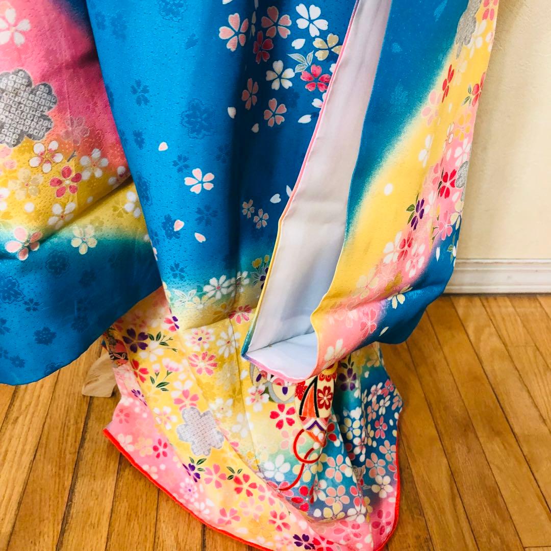 正絹豪華七五三7歳完全フルセット‼️可愛いBlue yellow手毬桜金彩煌びやか