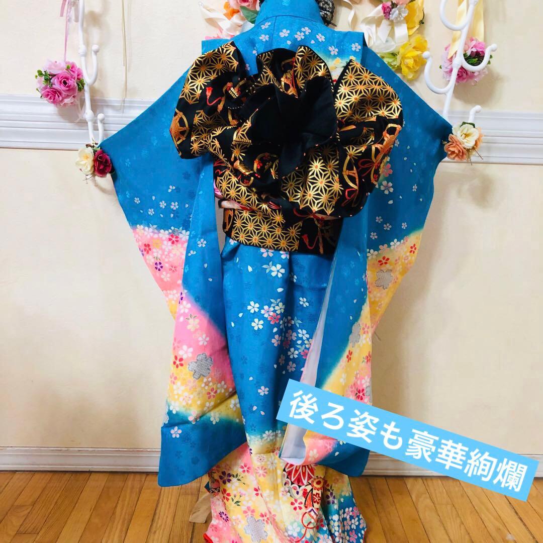 正絹豪華七五三7歳完全フルセット‼️可愛いBlue yellow手毬桜金彩煌びやか