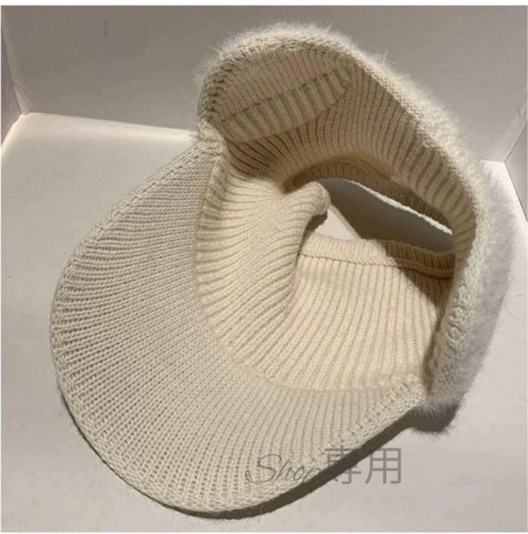 新品 白 ニット帽 つば付き 黒 耳当て サンバイザー ゴルフ レディース