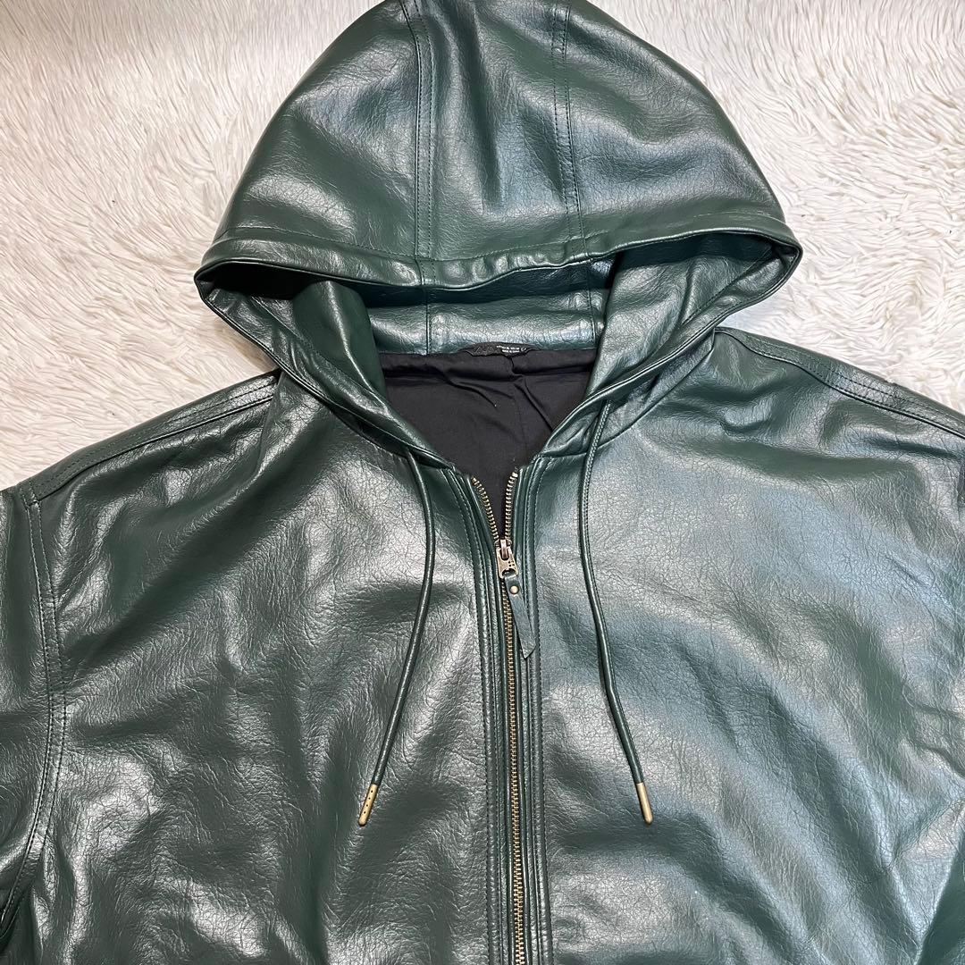 希少カラー✨️ZARA ザラ フード付きフェイクレザージャケット　グリーン　XL