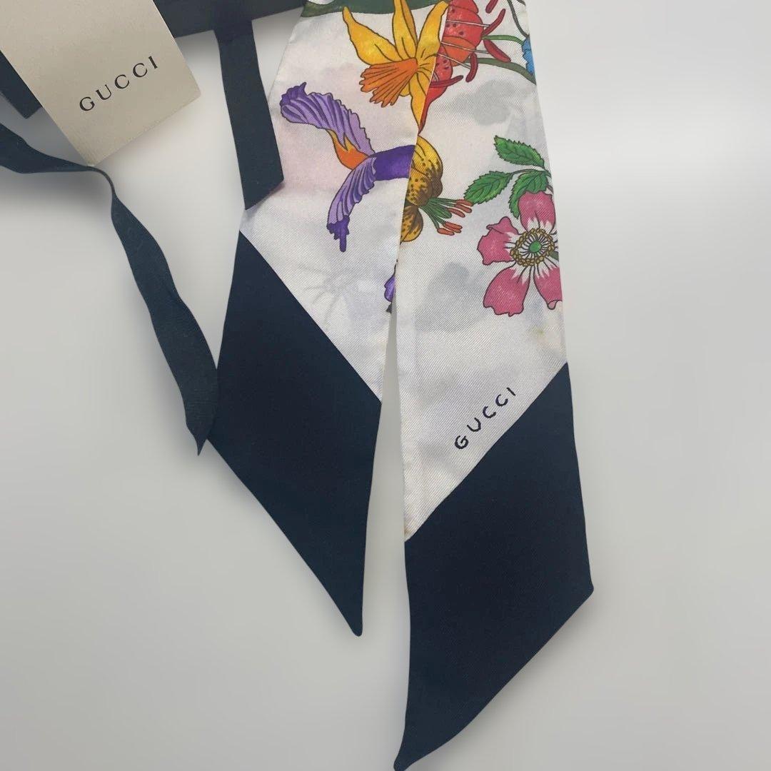 【美品】GUCCI グッチ ネックボウ シルク100% 花柄 リボンスカーフ