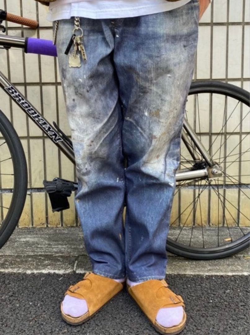 US フェイクヴィンテージデニム イージーパンツ 転写 インディゴ Size F