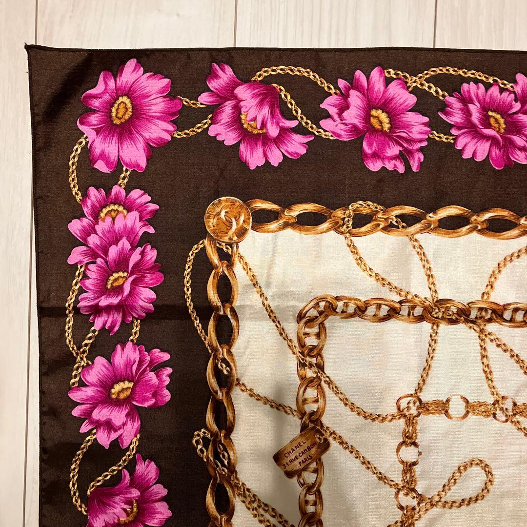 CHANEL シャネル シルク 大判 スカーフ チェーン 花柄 アクセサリー