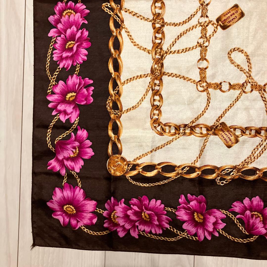 CHANEL シャネル シルク 大判 スカーフ チェーン 花柄 アクセサリー