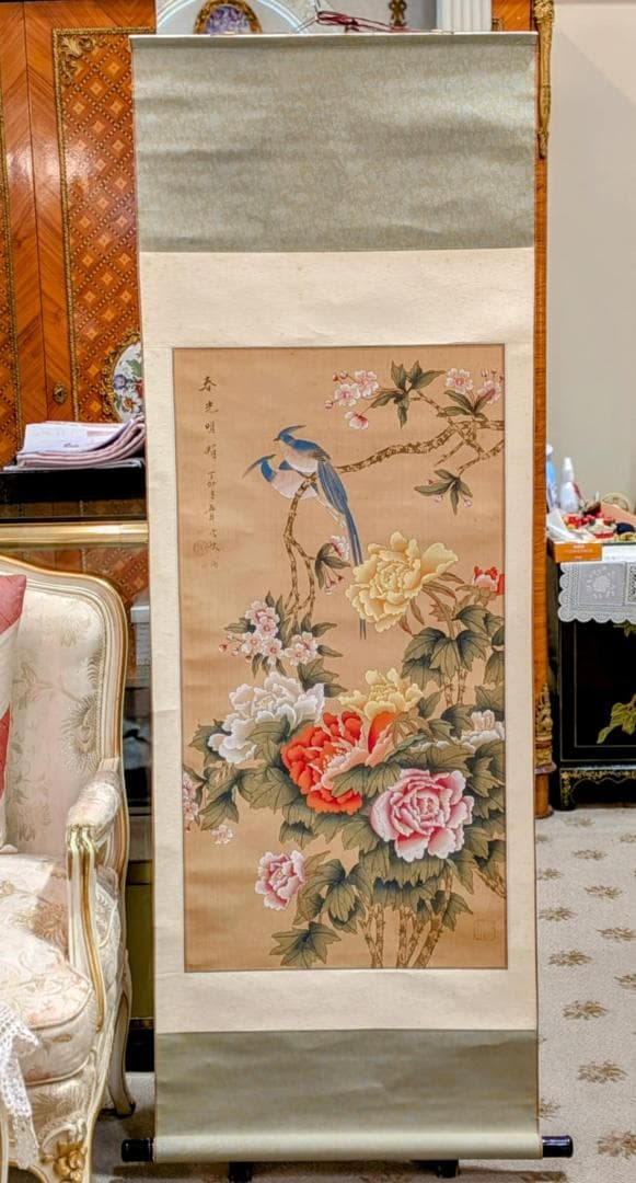 シミ有　伝統　中国　掛軸　春光明屑　鳥と花