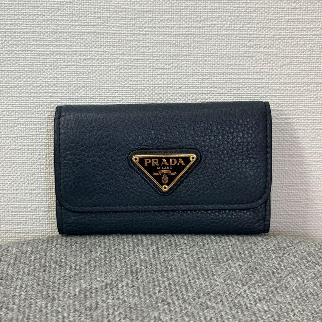 【箱付き】Prada プラダ 6連キーケース 鍵入れ ネイビー系 レザー 373