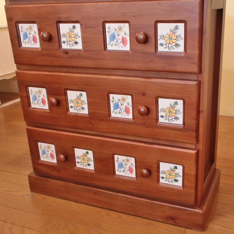 3段チェスト タイル 花柄 収納 ナチュラル 収納家具 602-1112