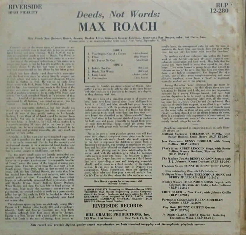 LPレコード　MAX ROACH/Deeds,NotWords