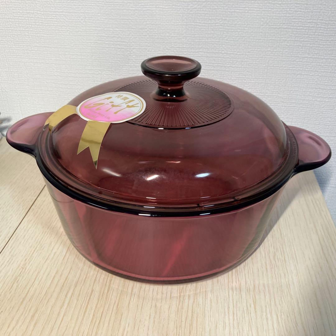 未使用　Iwaki Pyrex Corning ガラス鍋　両手鍋　クランベリー