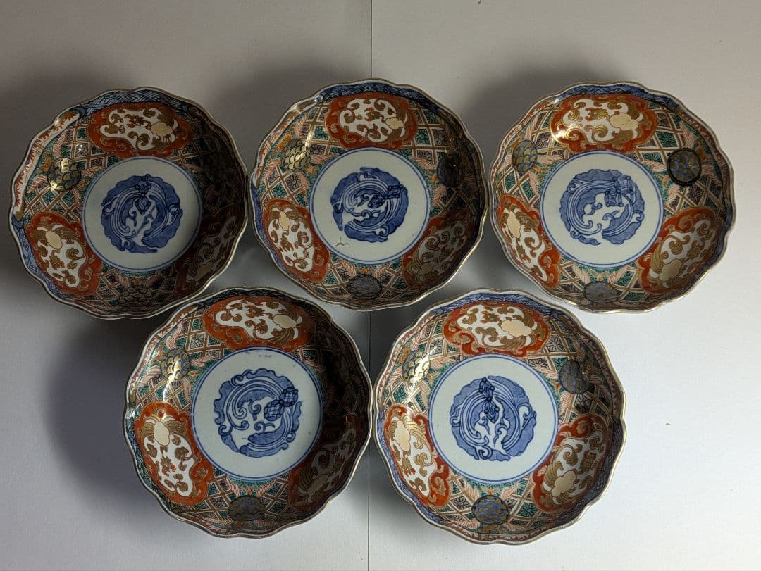 古伊万里、金襴手、『色絵金彩三方窓絵鳳凰花竹文輪花皿』、5客、銘「花柄」有、箱無
