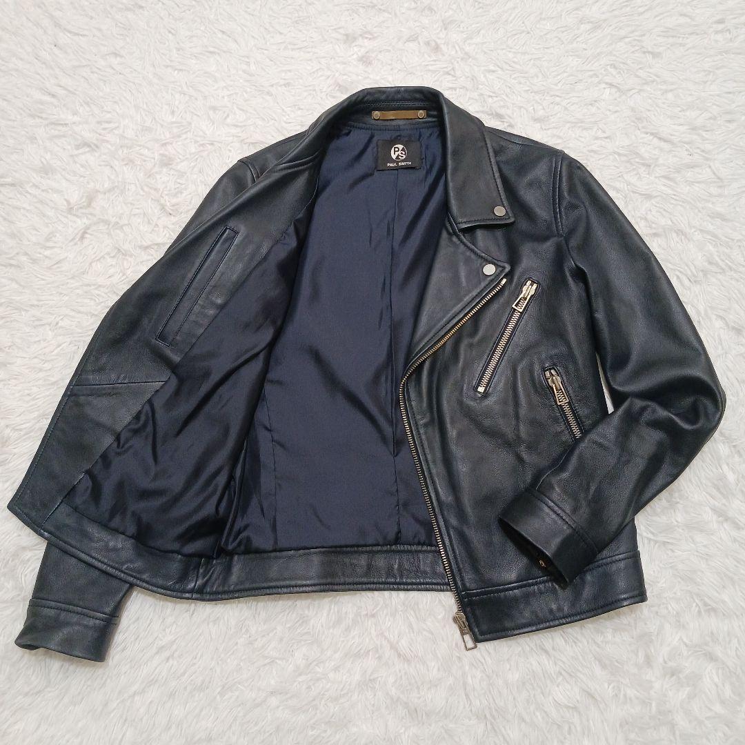✨良品✨PS PaulSmith ダブルレザーライダースジャケット　ネイビー　M