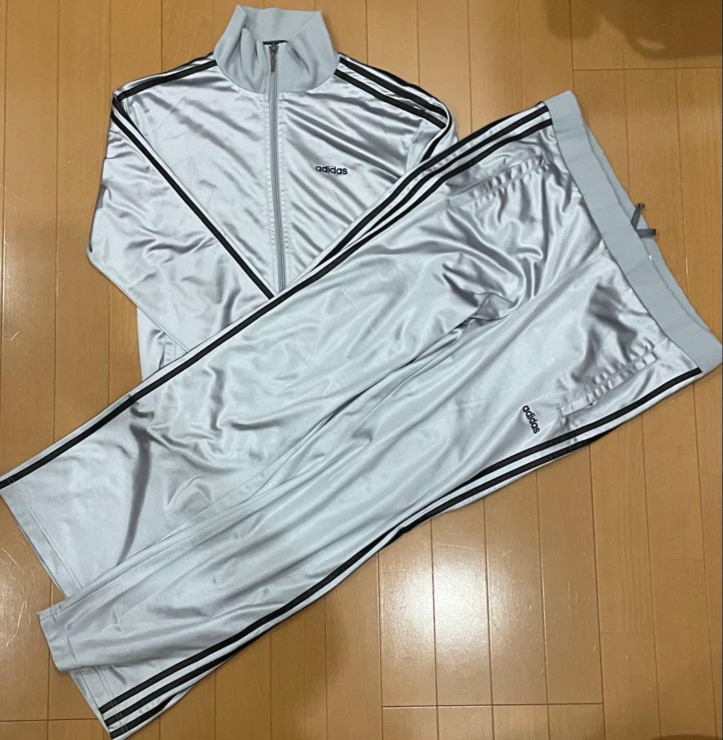 【希少】adidas トラックジャケット　シルバー×黒レザー　セットアップ　M