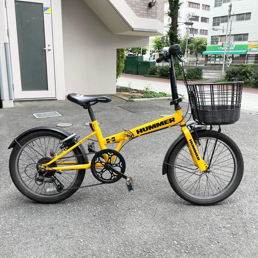 HUMMER ハマーイエロー 折りたたみ自転車 前カゴ付きロック付きギア7段あり